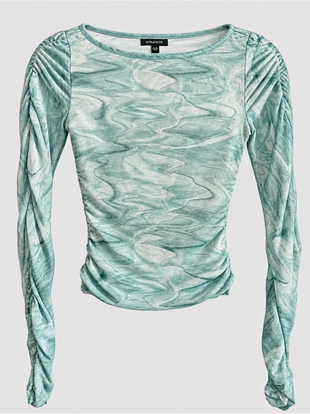 Dynamite Aqua Green Marble-Print Ruched Mesh Long Sleeve Top - size XS